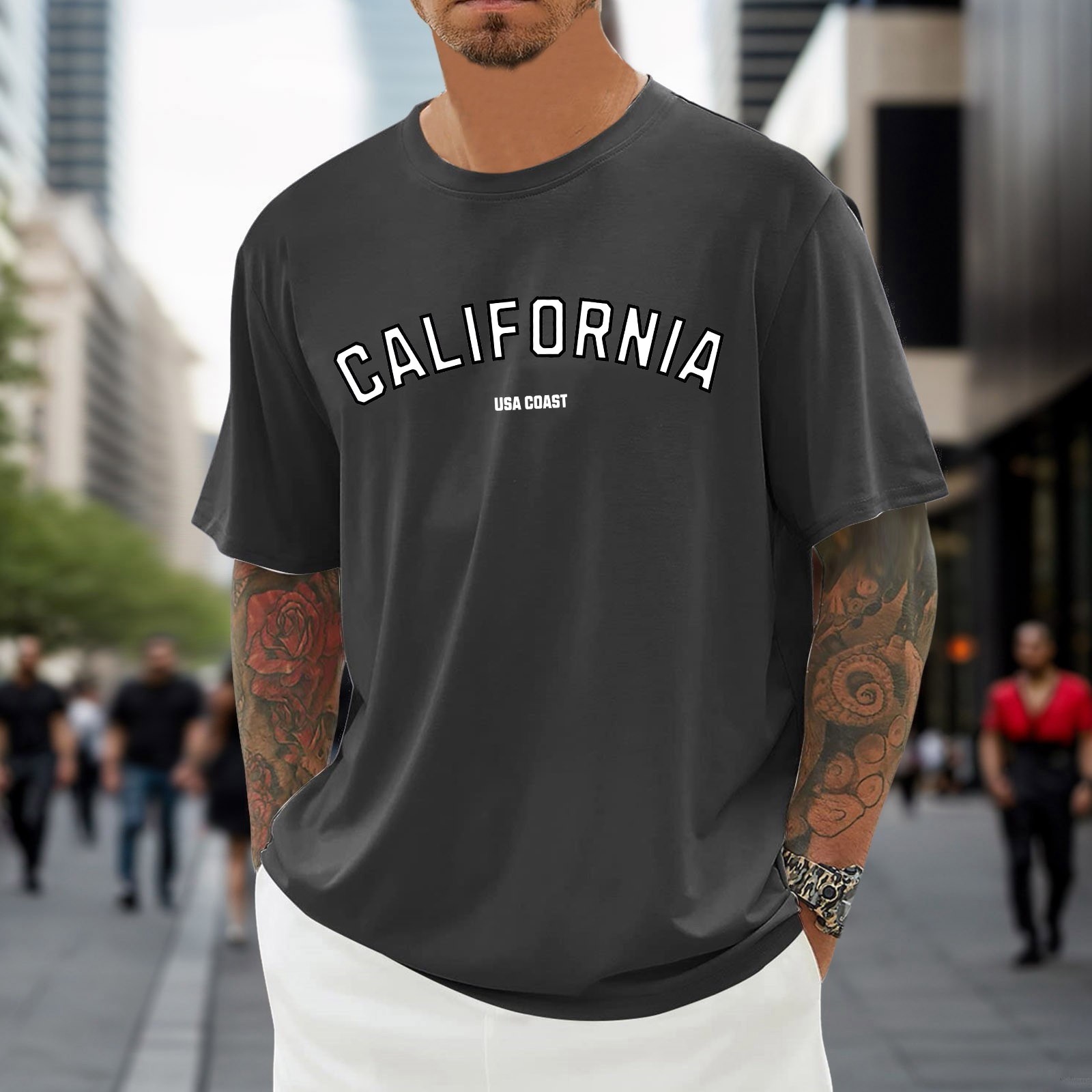 thumbnail image 3 of Camiseta oversize de verano para hombre - Cuello redondo y manga corta con estampado urbano - Camiseta deportiva holgada e informal, 3 of 5